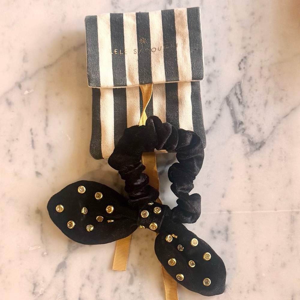 Lele Sadoughi Black Bow Hair Scrunchie with Gold/Crystal Studs